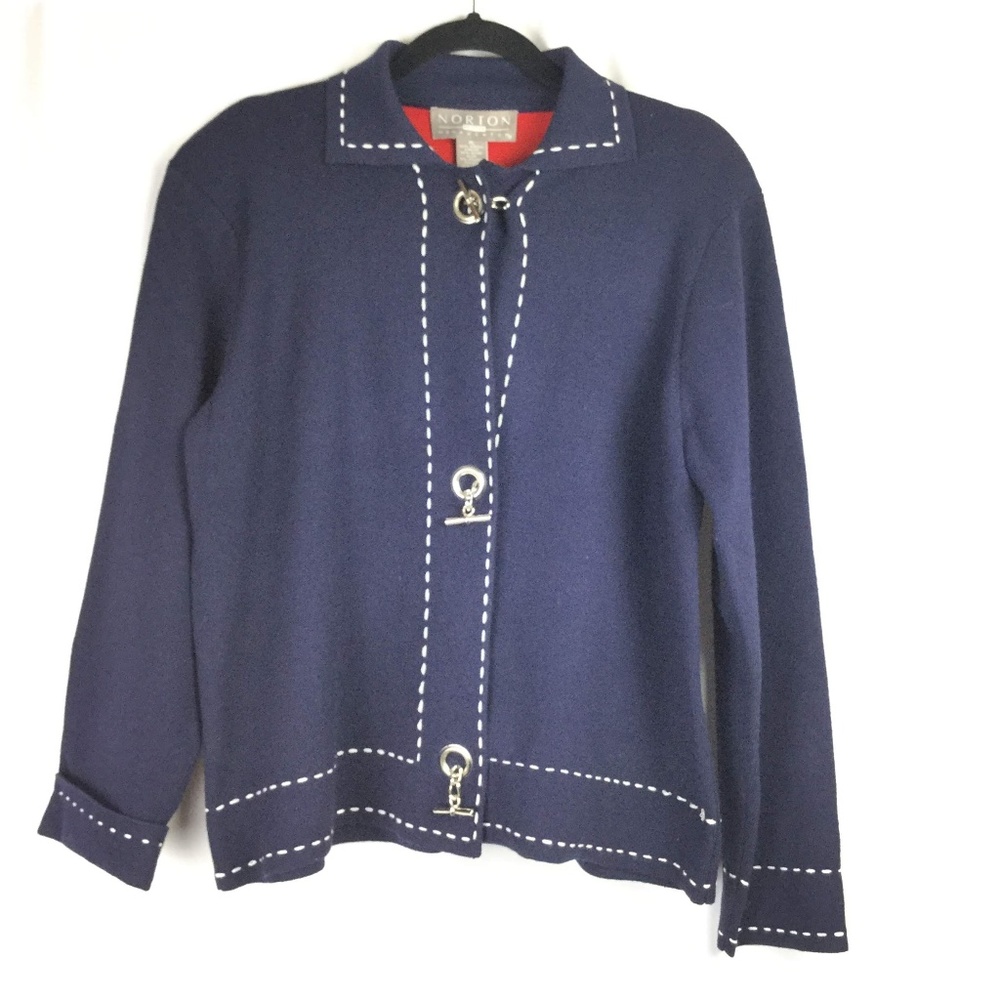 Norton McNaughton Blue Cardigan White Stitch Trim